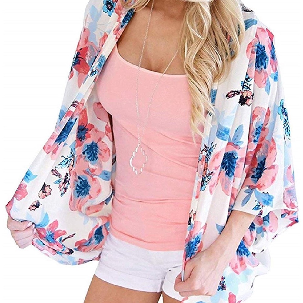 3/4 Sleeve Floral Print Kimono Sheer Chiffon